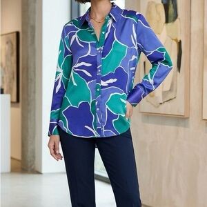 Vibrant Blue and Green Floral Button-Up Shirt